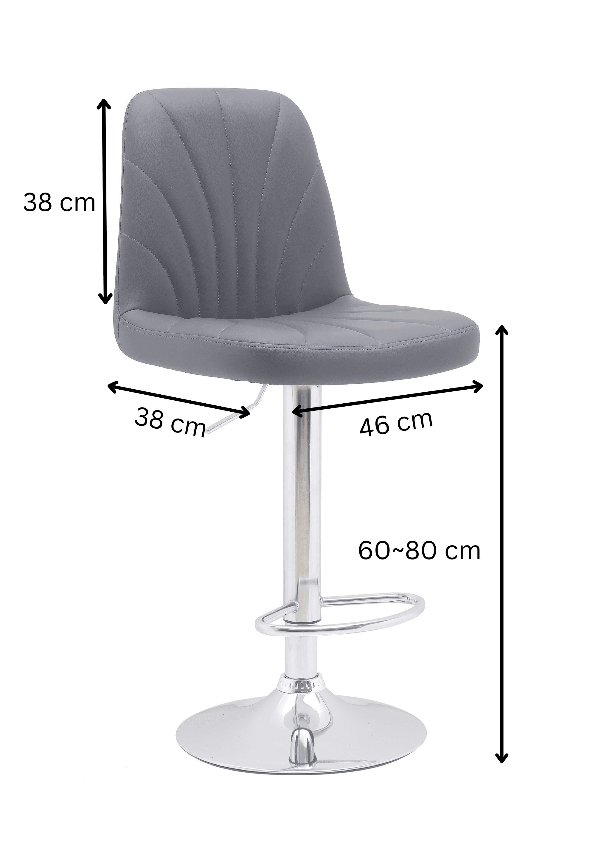 Grey adjustable bar stool with chrome base, footrest, and dimensions labeled in centimeters.