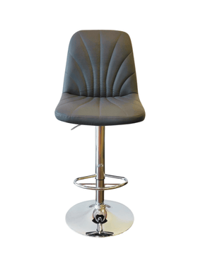 modern grey bar stool with cushioned seat and chrome base on white background