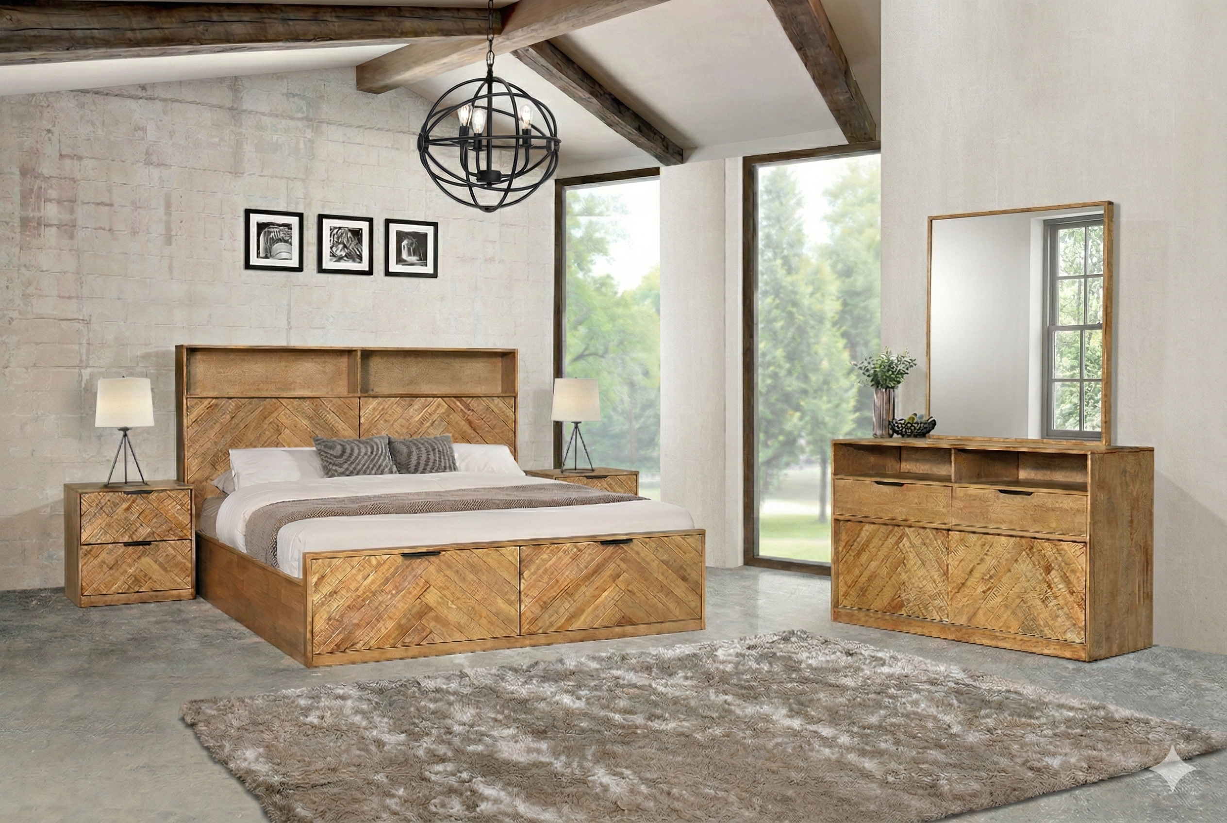 Wooden bedroom furniture set with bed, nightstands, and dresser in a room with large windows.
