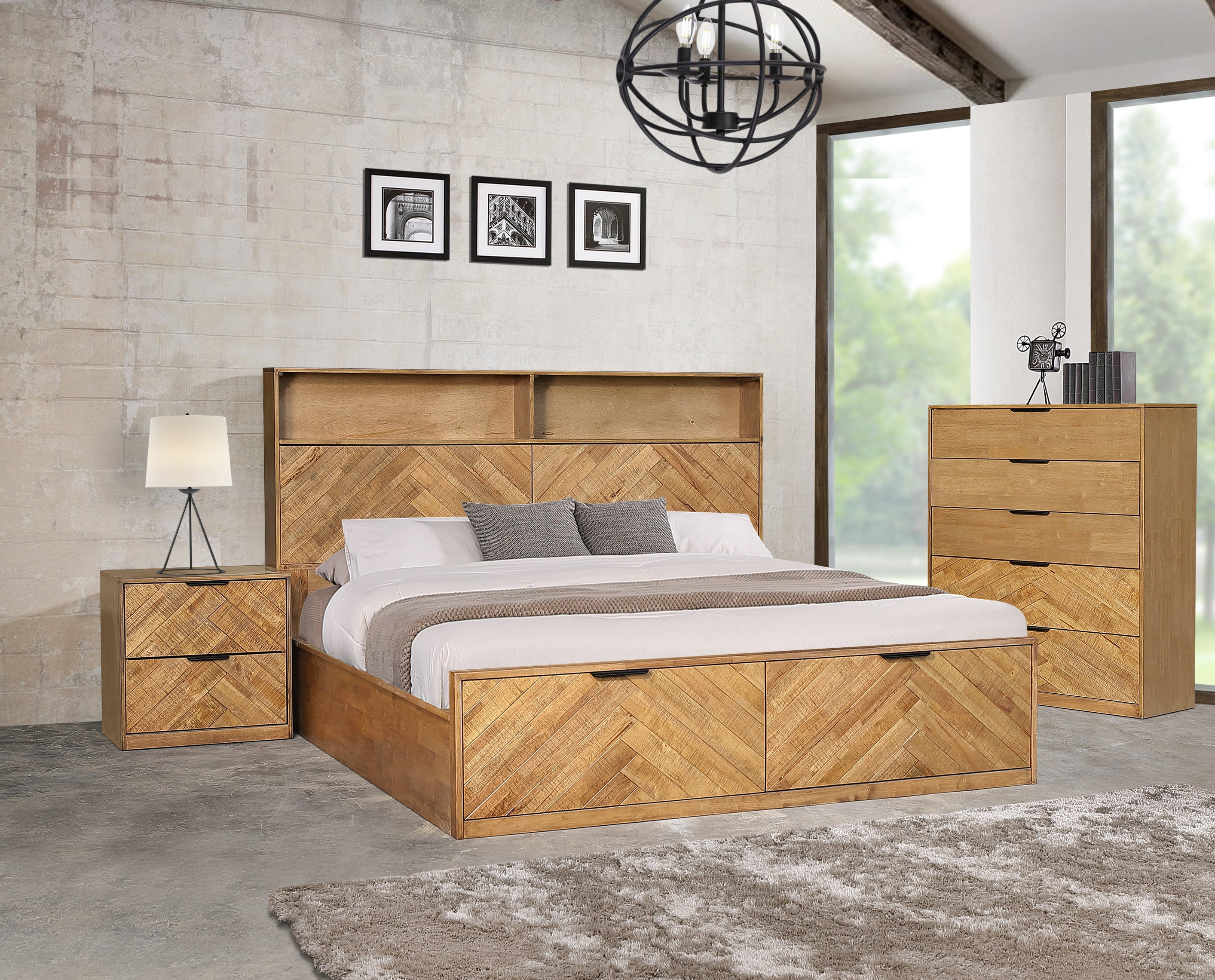 Wooden bedroom set with bed, nightstands, and dresser in a room with large windows.