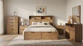 Cleveland 5 Piece Bedroom Suite styled in a contemporary bedroom, showing the bed, both bedside tables, tallboy and dresser with mirror together