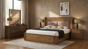 Clifton 4 Piece Dresser Bedroom Suite — bed with storage, two bedside tables and dresser with mirror in warm dark timber
