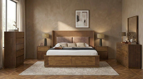 Clifton 5 Piece Bedroom Suite — bed with storage, two bedside tables, tallboy and dresser with mirror in warm dark timber
