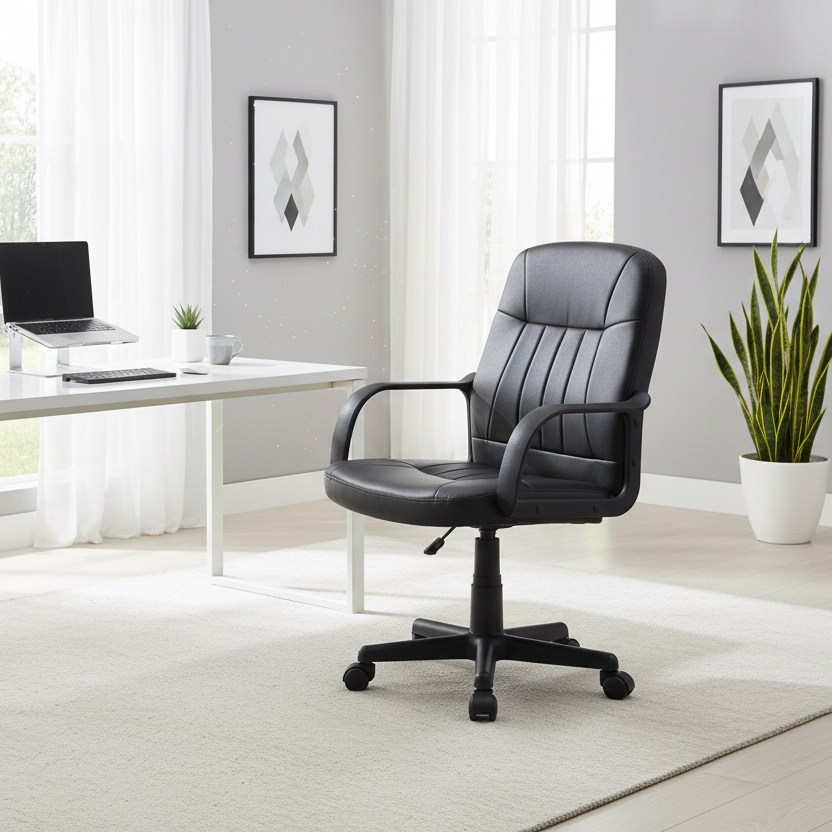 Black office chair in a modern office setting with a desk and decor.