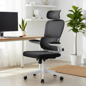 Black office chair in a modern home office setting with a desk and plants.