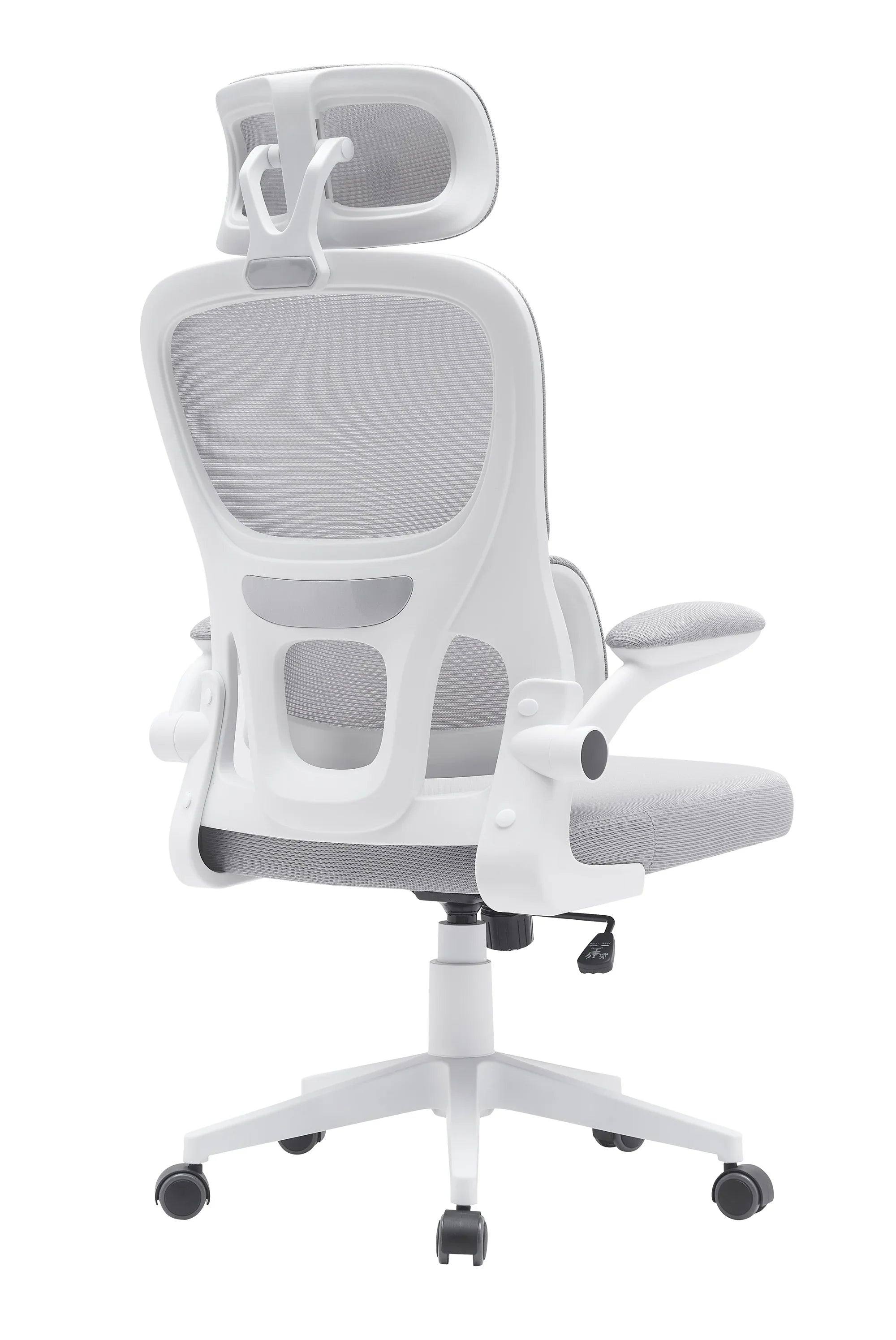 Modern ergonomic grey office chair with mesh back, headrest, armrests, and wheels