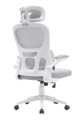 Modern ergonomic grey office chair with mesh back, headrest, armrests, and wheels