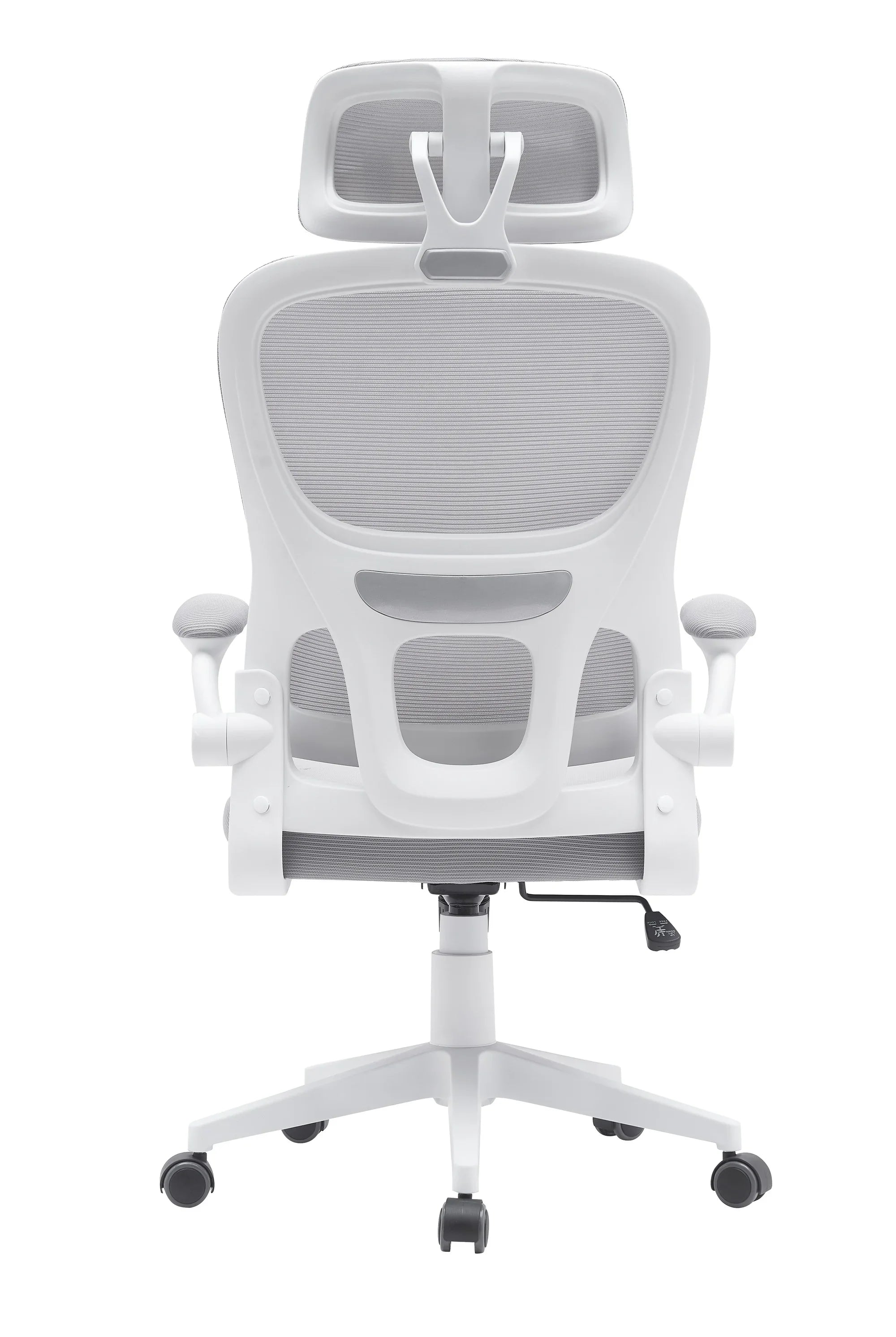 Grey mesh ergonomic office chair with adjustable headrest and armrests, rear view