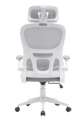 Grey mesh ergonomic office chair with adjustable headrest and armrests, rear view