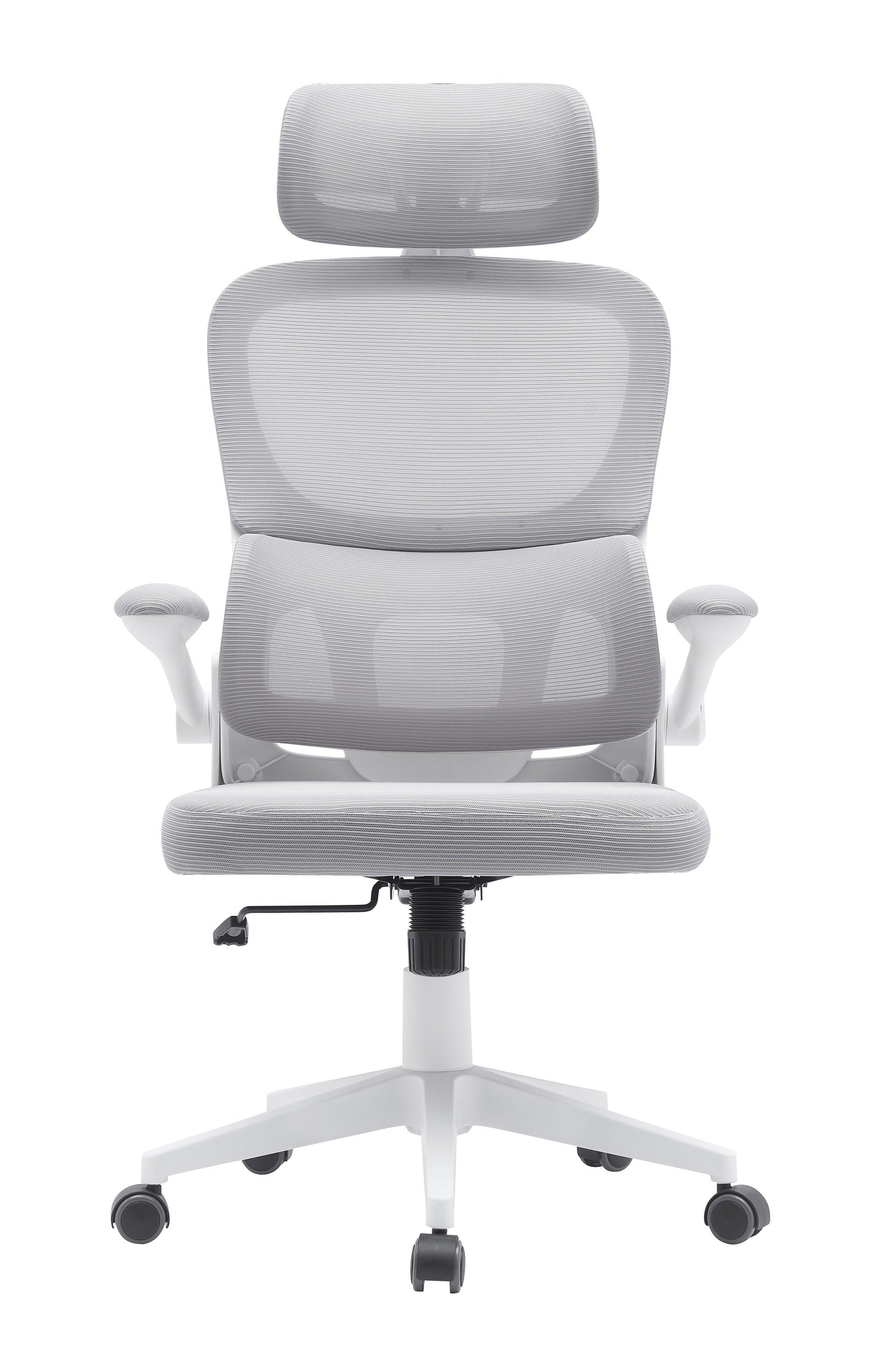Modern grey mesh ergonomic office chair with adjustable armrests and headrest on wheels