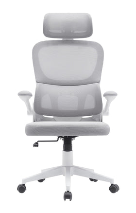 Modern grey mesh ergonomic office chair with adjustable armrests and headrest on wheels