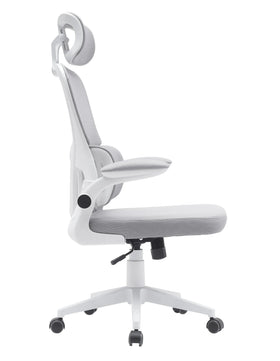 Modern ergonomic grey office chair with headrest, mesh back, adjustable armrests and wheels