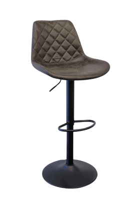 Modern bar stool with quilted brown seat, black metal base, and built-in footrest