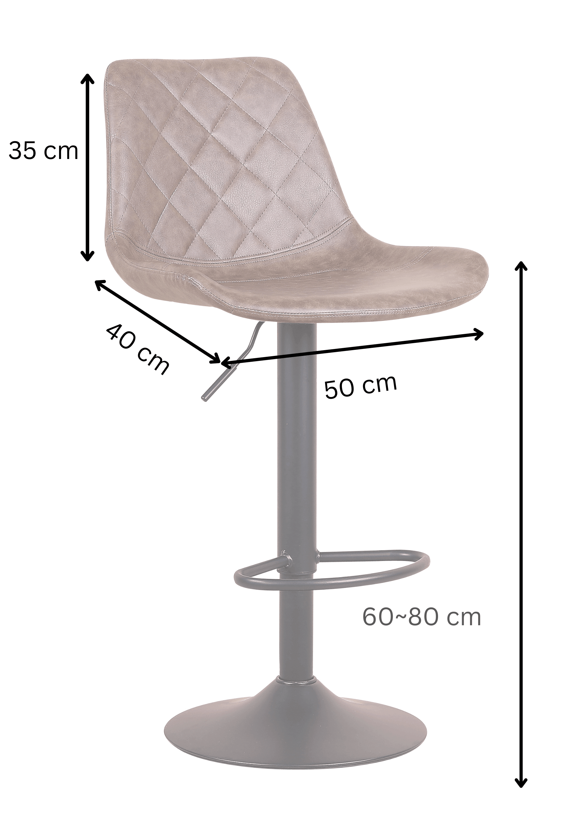 Grey adjustable bar stool with diamond stitched seat and dimensions labelled