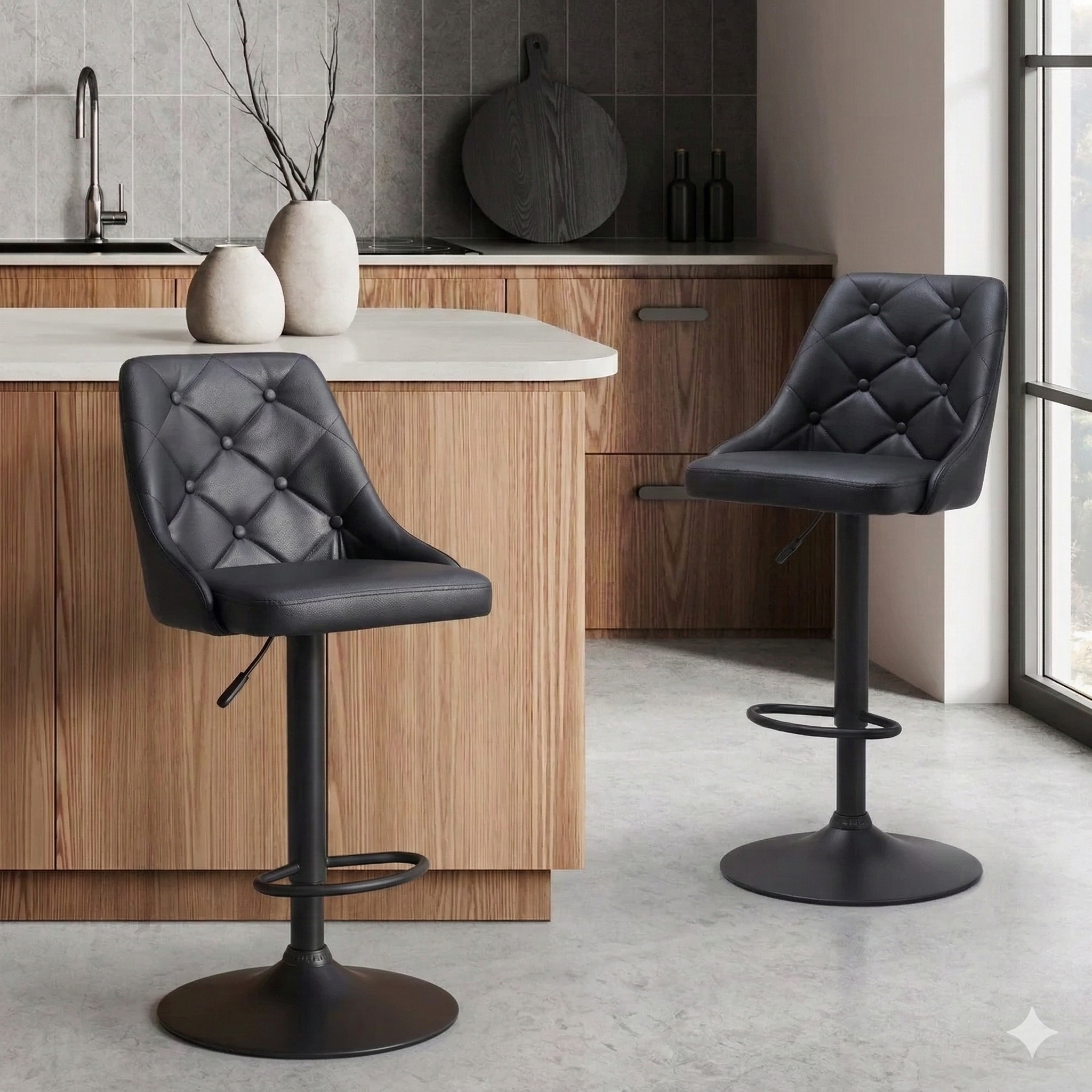 Two black bar stools in a modern kitchen setting.