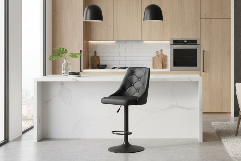 Colombo Bar Stool - Black PU Leather and Grey Fabric - Gas Lift Adjustable - Modern Kitchen Bar Stool