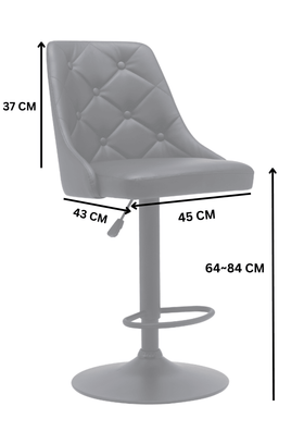 Grey padded bar stool with tufted backrest, adjustable height and seat dimensions labeled