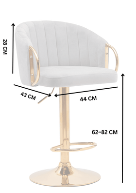 Modern grey velvet bar stool with gold metal base and armrests, labeled dimensions in cm