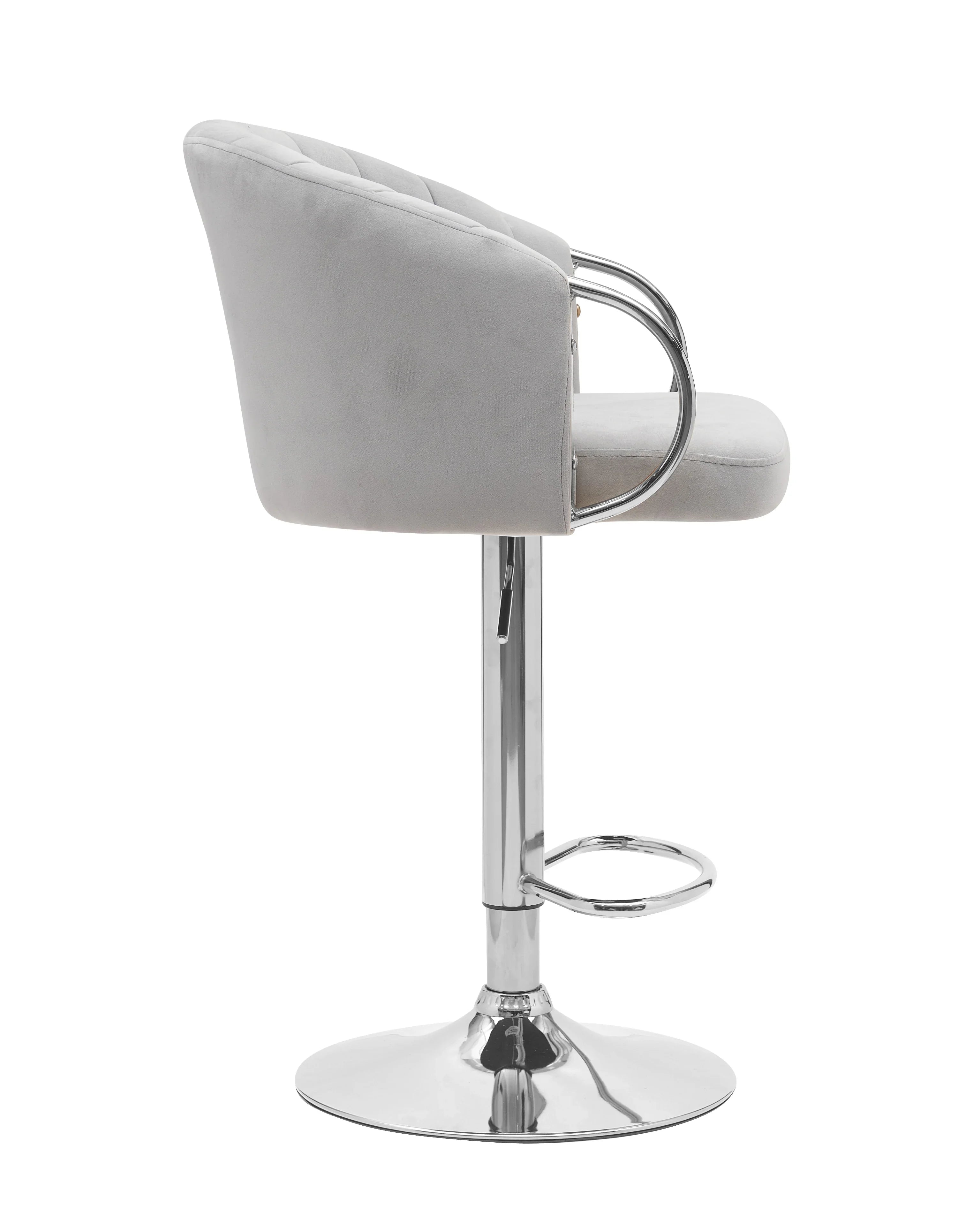 Modern grey velvet bar stool with chrome base and padded backrest, side view