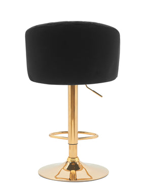 Modern black velvet bar stool with gold metal base and footrest, adjustable height