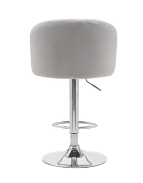 Modern grey velvet bar stool with chrome base and adjustable height lever