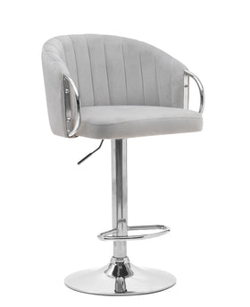 Gray cushioned bar stool with chrome base on a white background