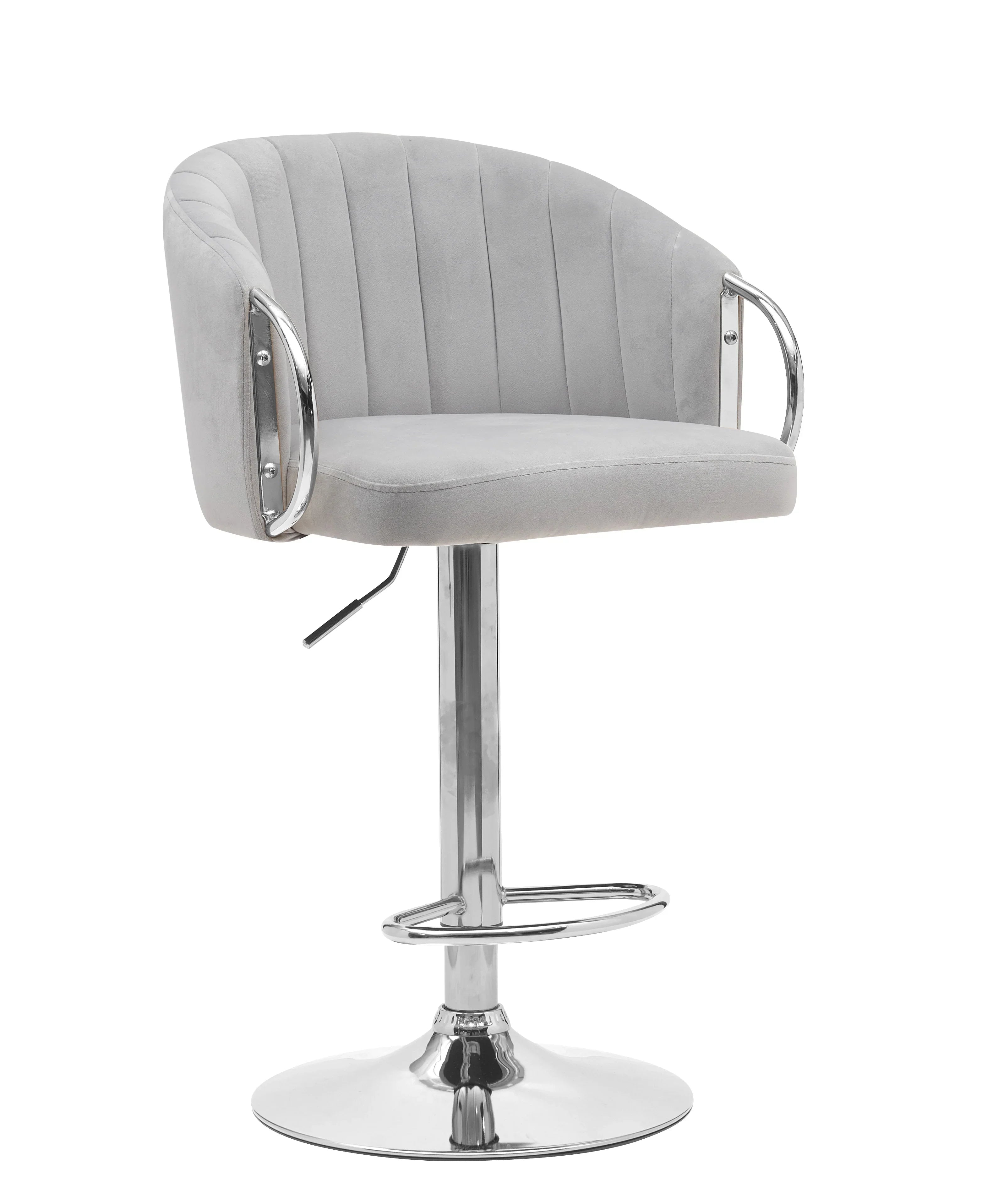 Gray cushioned bar stool with chrome base on a white background