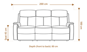 Concord 3 seater leather electric recliner dimension diagram showing 200 cm length, 80 cm depth and 100 cm overall height with a 45 cm seat height
