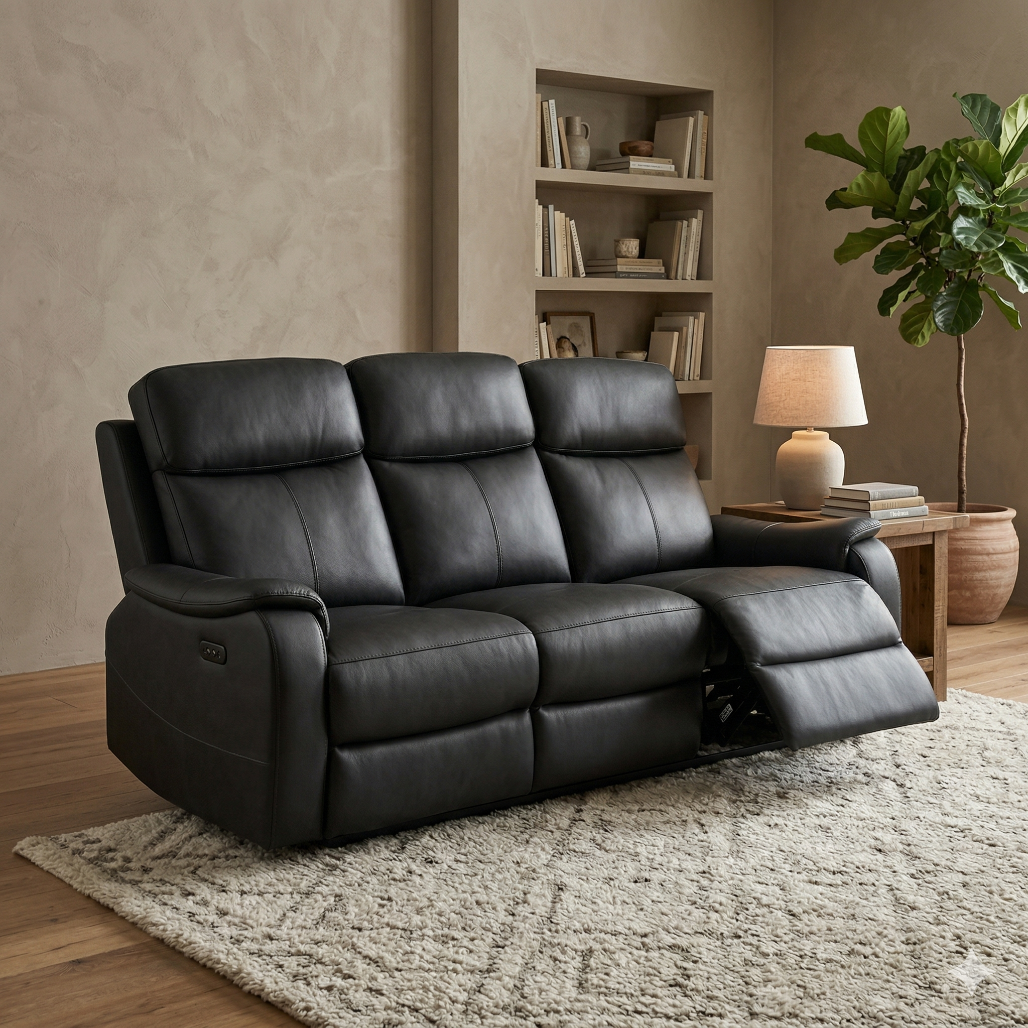 Black leather recliner sofa in a living room setting with a bookshelf and lamp.