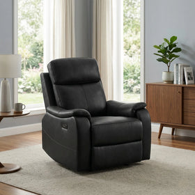 Concord Leather Electric Recliner Chair in black leather, positioned in a bright living room with a wooden side table, lamp, and modern wooden cabinet with decor.