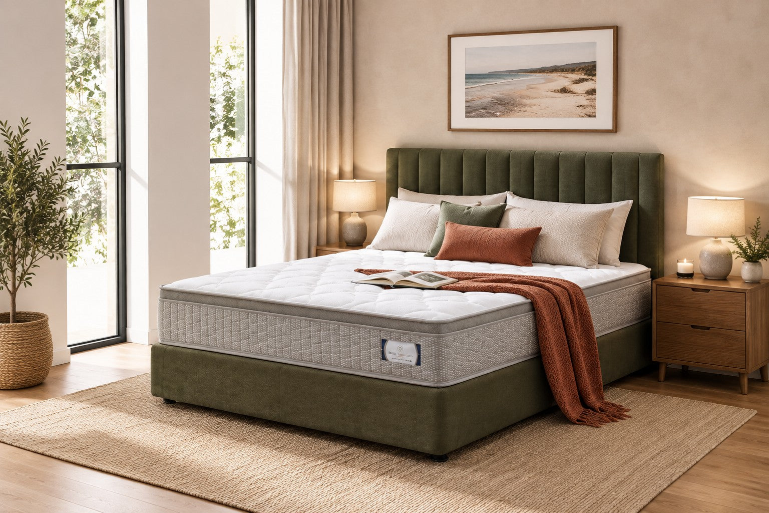 Sleep Revolution Contour Align Medium mattress on a green bed base in a styled bedroom