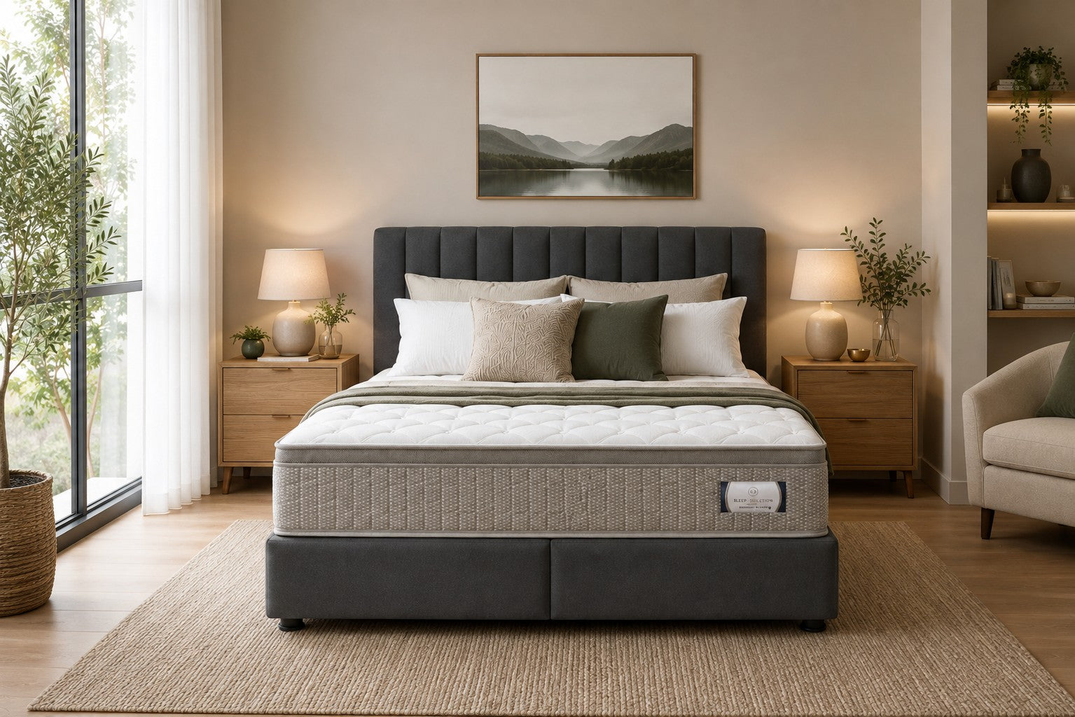 Sleep Revolution Contour Align Medium mattress shown front on with a charcoal bed base