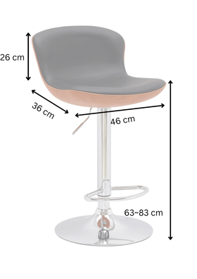 Modern grey bar stool with chrome base, wood accents, and dimensions annotated in centimeters
