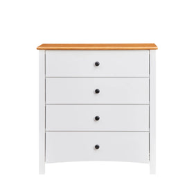 White four-drawer chest with wood top and black knobs, modern bedroom storage furniture