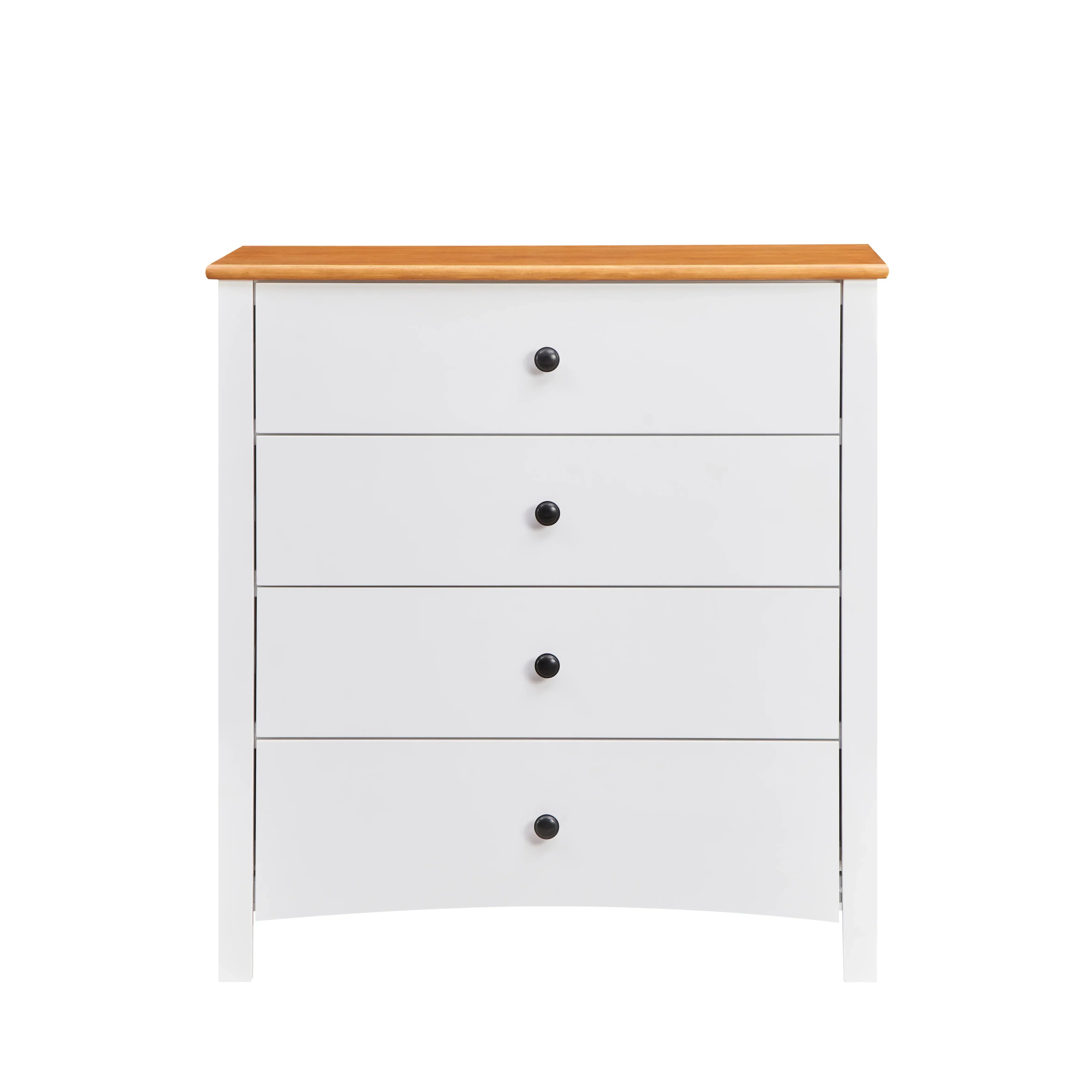 White four-drawer chest with wood top and black knobs, modern bedroom storage furniture