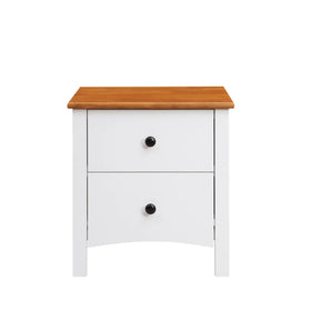 White bedside table with two drawers and a natural wood top, modern bedroom furniture.