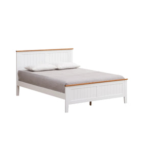 White timber queen bed frame with panel headboard, grey bedding and two pillows