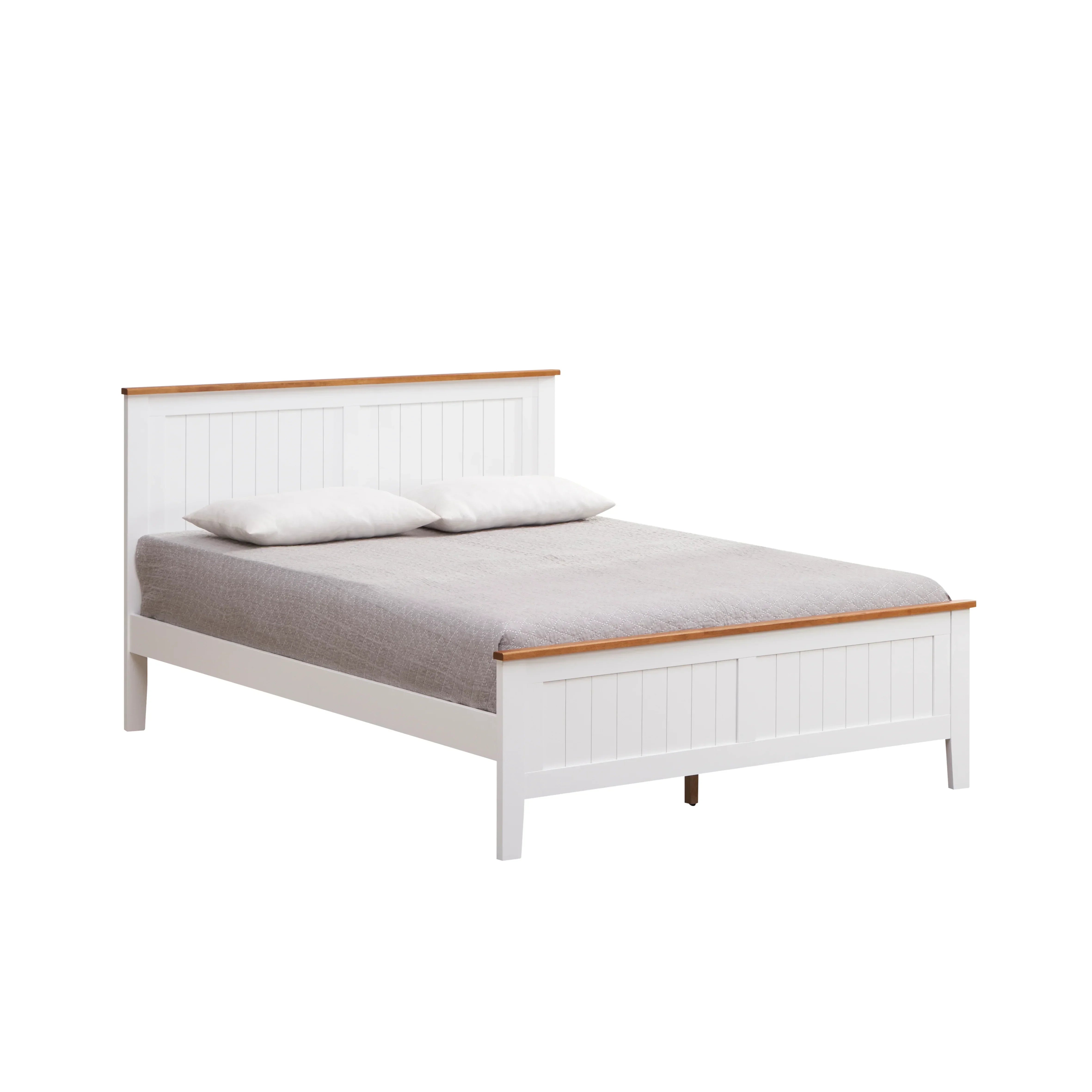 White timber queen bed frame with panel headboard, grey bedding and two pillows