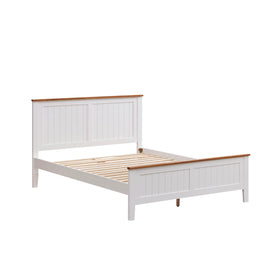 White wooden slatted bed frame with paneled headboard and footboard, oak trim accents