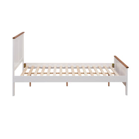 White wooden bed frame with natural wood accents and slatted base on a white background