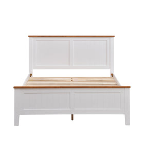 White wooden bed frame with slatted base and natural timber accents, modern bedroom furniture