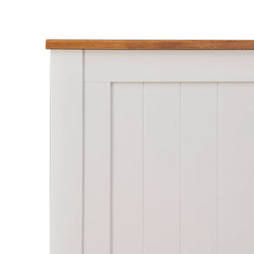 White panelled furniture with light wood top, coastal or modern style design