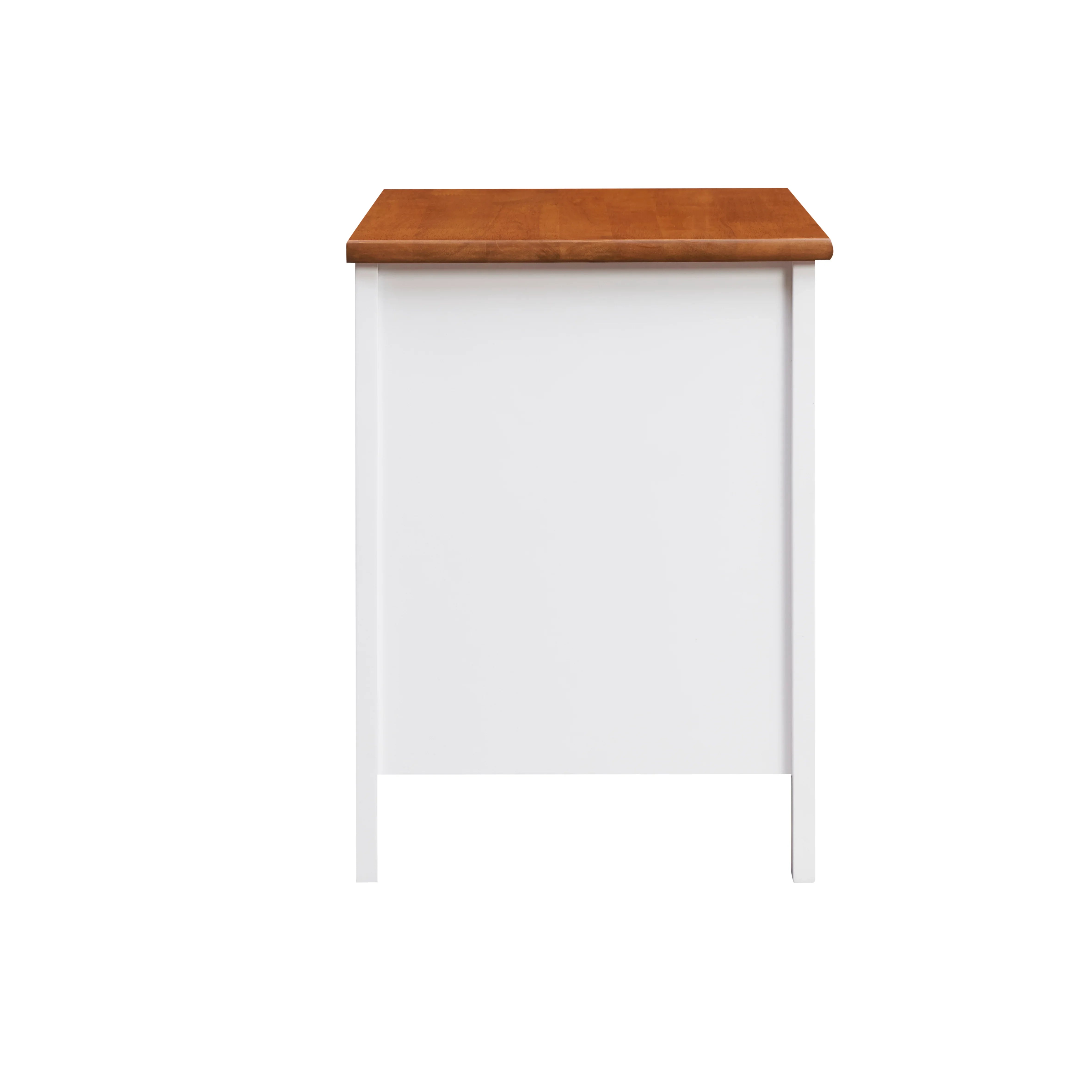 White side table with wooden top, modern minimalist furniture on white background