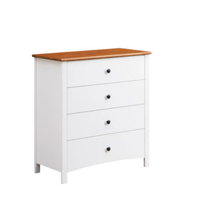 White four drawer wooden chest with natural oak top and black handles, bedroom furniture
