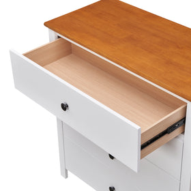 White chest of drawers with open top drawer and wood finish top surface