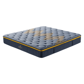 Modern queen mattress with blue and yellow geometric stitching, tufted top, and side handles