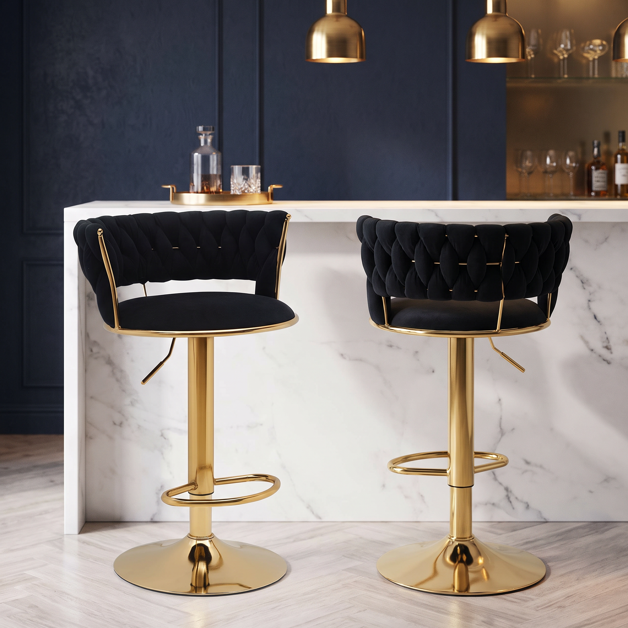 Crown Bar Stools in black and gold hand-woven velvet at a marble home bar