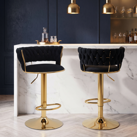 Crown Bar Stools in black and gold hand-woven velvet at a marble home bar