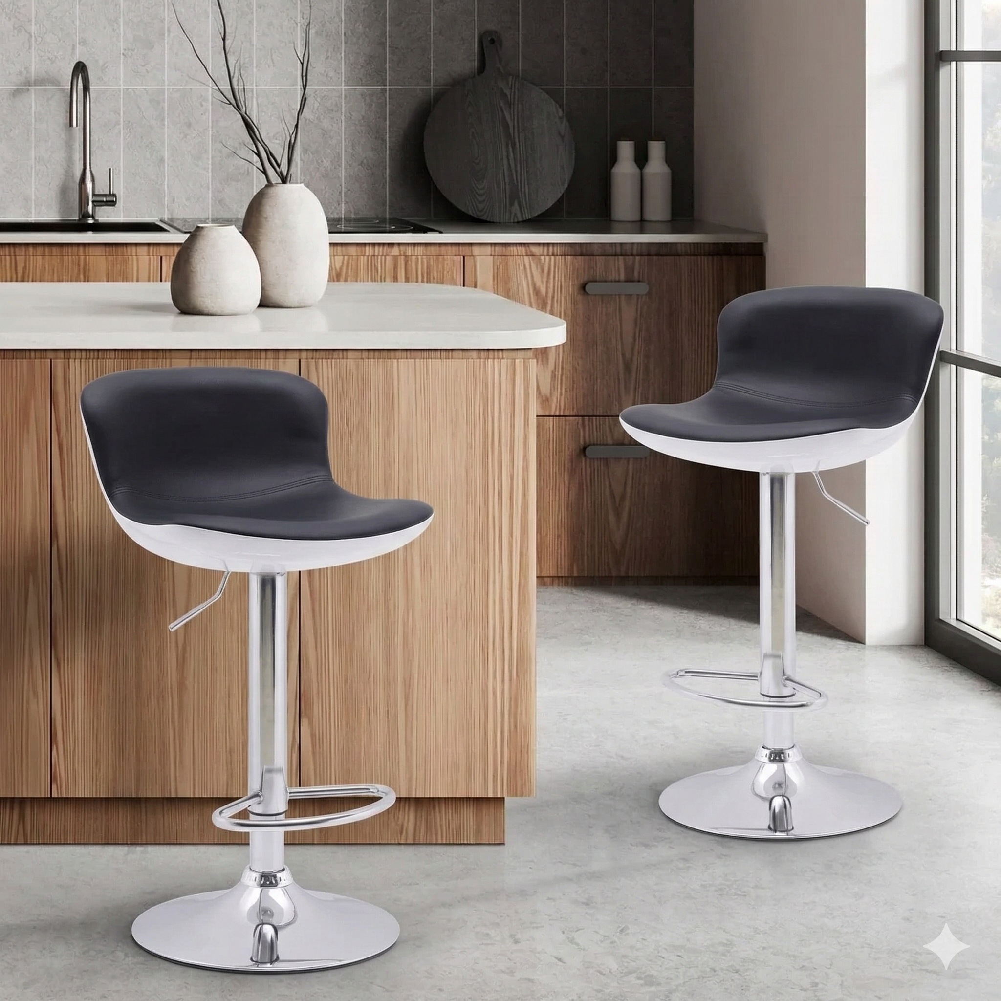 Two modern black and white bar stools with chrome bases in a kitchen setting.