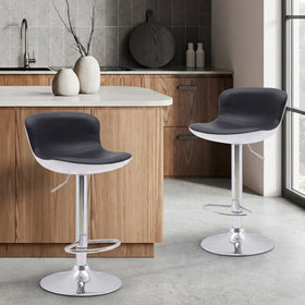 Crystal Bar Stools with black seats, white shells and chrome gas lift bases in a modern timber kitchen